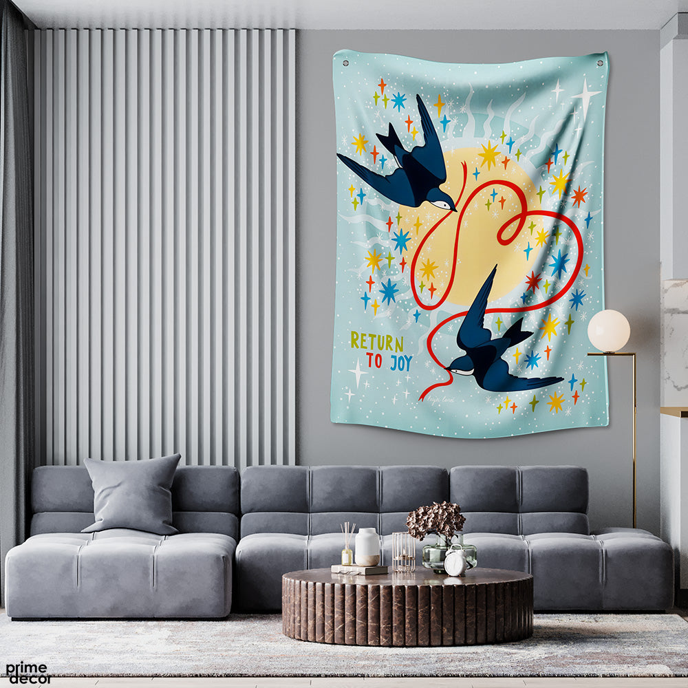 Return To Joy With Two Sparrows | Digital Painting Tapestry - Prime Décor
