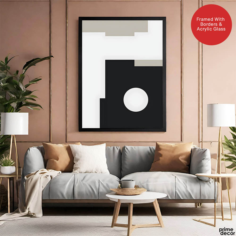 Beautiful Black & Grey Design With White Moon Shape | Abstract Office Artwork #00115 - Prime Décor