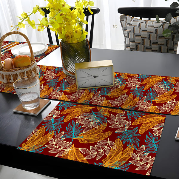 Pacific Blue & Rust Orange Tropical Leaves on Burgundy Background | Table Runner and Placemat Set