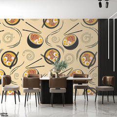 Chinese Ramen Noodles Bowls With Deep Peach Background | Restaurant Wallpaper Mural - Prime Décor