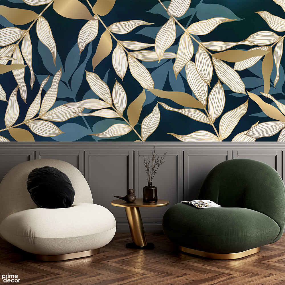 Gold & Blue Abstract Tropical Leaves | Floral Wallpaper Mural - Prime Décor