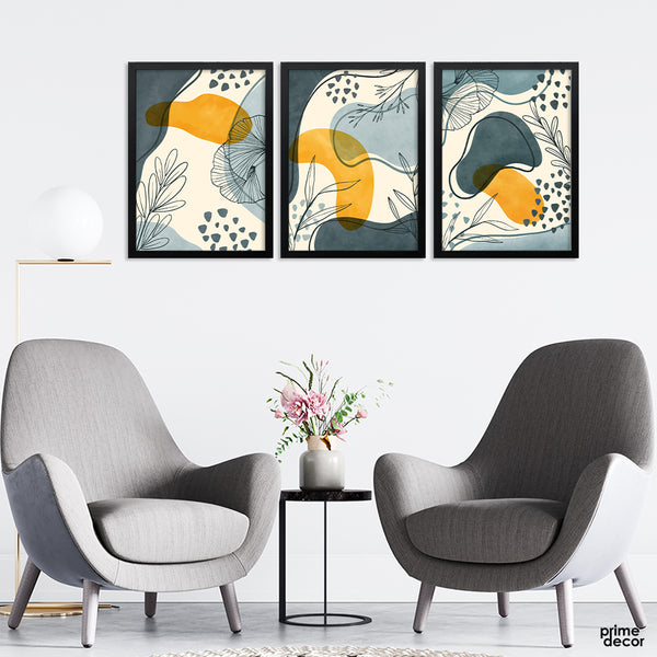 Blue & Gold Abstract Floral Design (3 Panel) Floral Wall Art - Prime Décor