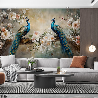 Exotic Peacocks Sitting on Floral Tree Branch | Floral Wallpaper Mural