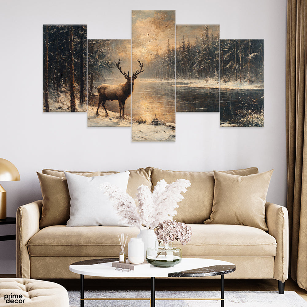 Deer Standing At The Edge Of A River (5 Panel) Animal Wall Art - Prime Décor