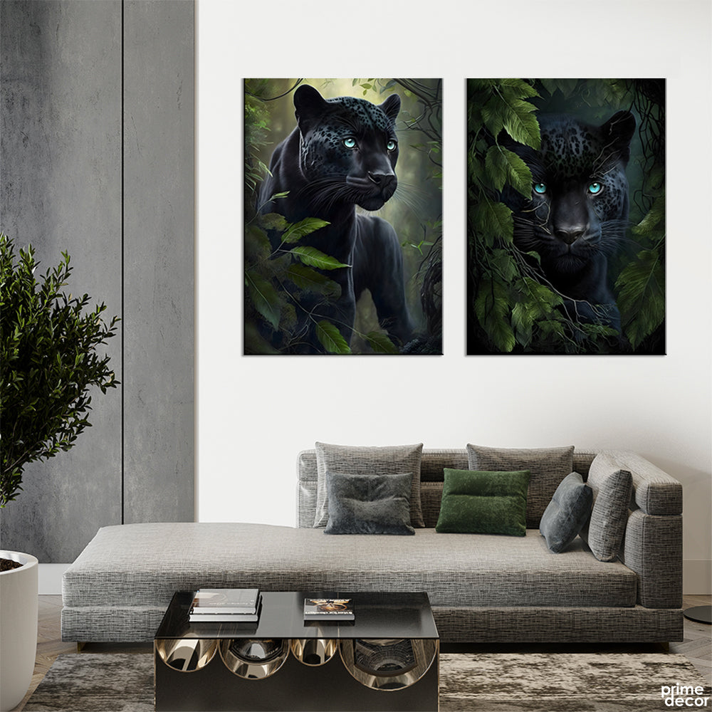 Exotic Black Panther In Tropical Jungle (2 Panel) Animal Wall Art - Prime Décor