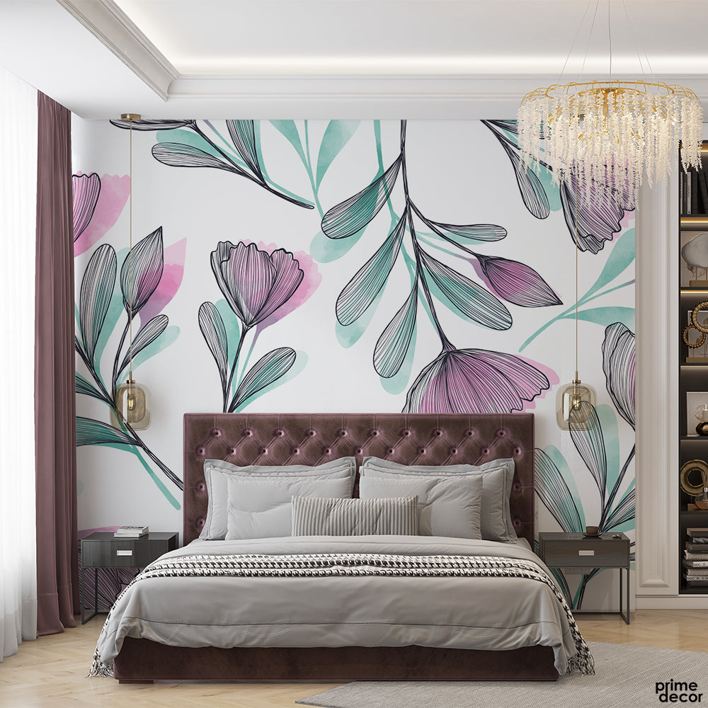 Minimal Violet & Teal Green Flowers Line-art Style | Floral Wallpaper Mural - Prime Décor