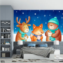 Fox & Deer With Ice Man In The Snow | Kids Wallpaper Mural