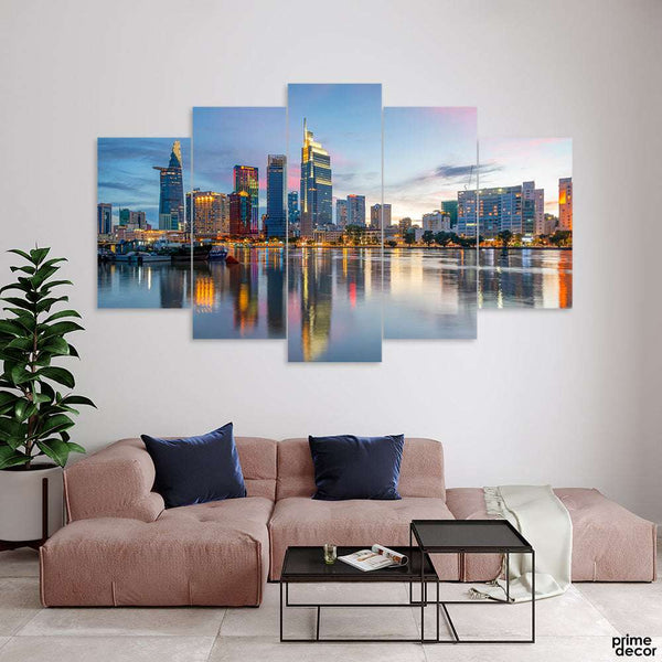 Beautiful Night View Of A City From The River (5 Panel) Landscape Wall Art