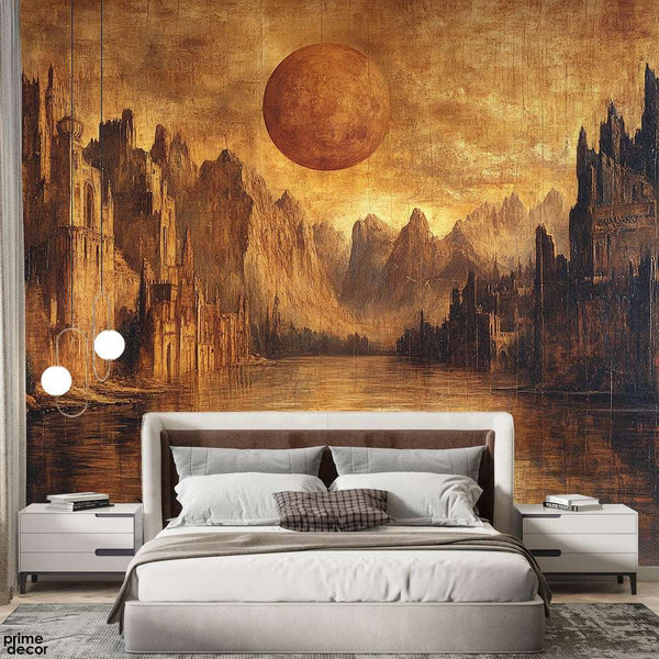 Aesthetic Mountains Artwork Over The Moon | Landscape Wallpaper Mural