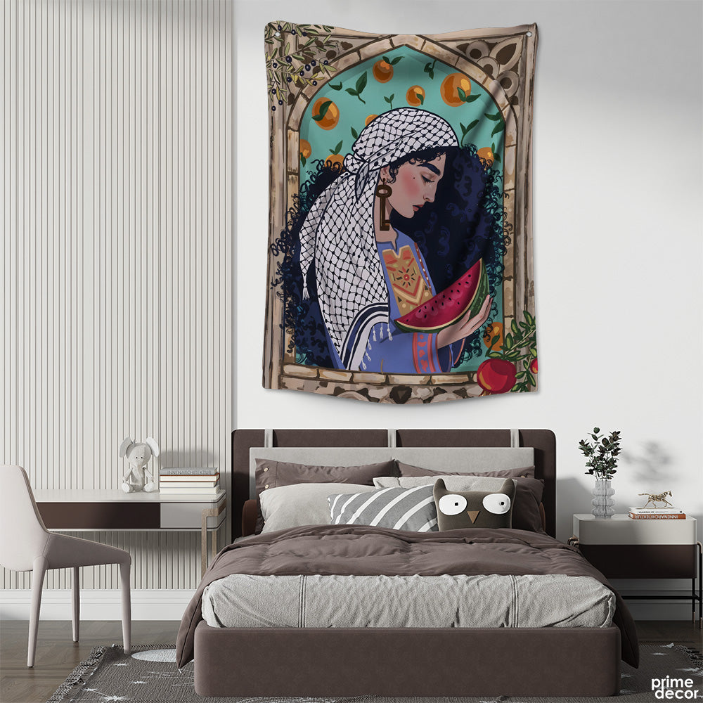 Palestinian Woman Through Window Arch Holding Watermelon | Digital Painting Tapestry - Prime Décor