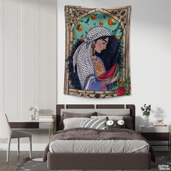 Palestinian Woman Through Window Arch Holding Watermelon | Digital Painting Tapestry - Prime Décor