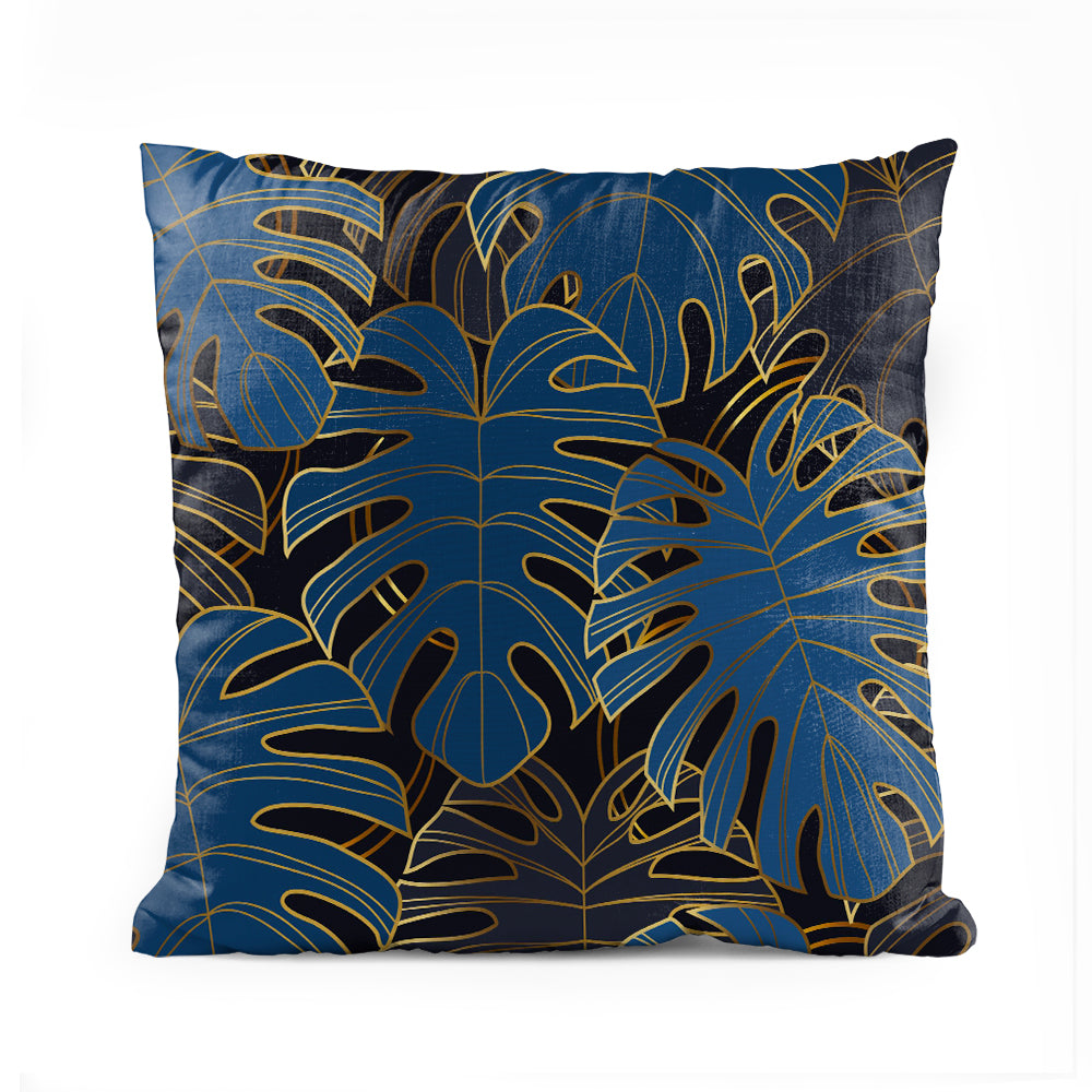Blue & Golden Monstera Leaves | Nordic Cushion #120 - Prime Décor