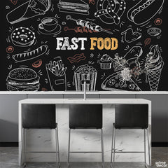 White & Brownish Fast Food Illustrations On Black Background | Restaurant Wallpaper Mural - Prime Décor