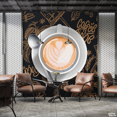 Coffee Latte Cup Top View With Brown Typography | Cafe Wallpaper Mural - Prime Décor