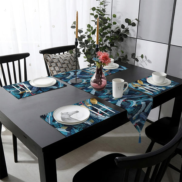 Faded Jade Blue Exotic Tropical Leaves | Table Runner and Placemat Set