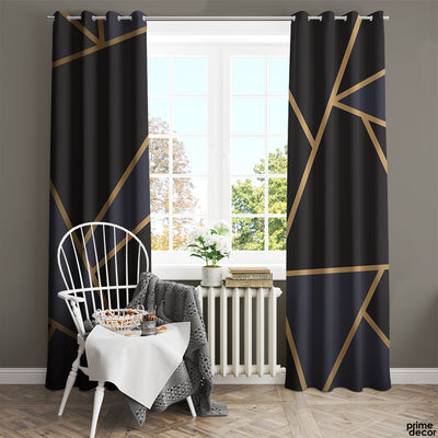 Elegant Black & Navy Blue Golden Foil | Abstract Curtains #123 On Sale