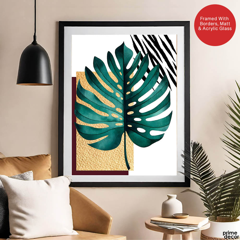 Beautiful Tropical Leave Over White & Black Background | Abstract Floral Artwork #00124 - Prime Décor