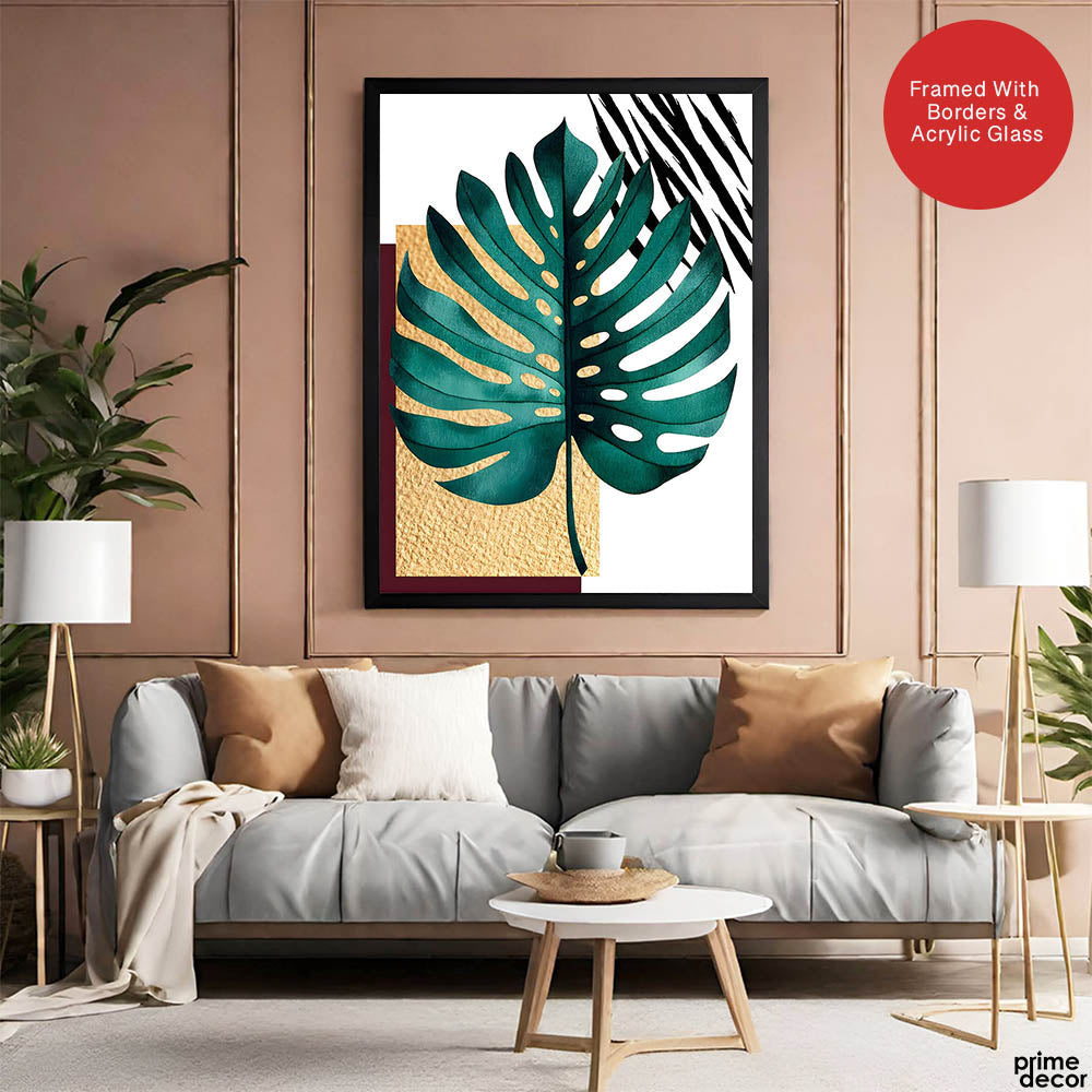 Beautiful Tropical Leave Over White & Black Background | Abstract Floral Artwork #00124 - Prime Décor