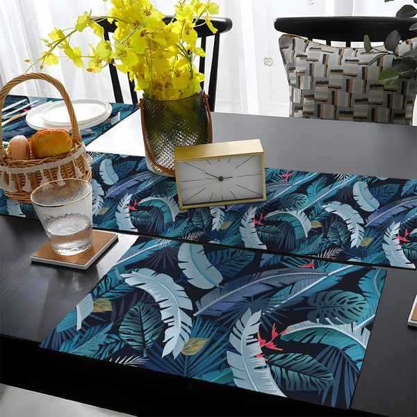 Faded Jade Blue Exotic Tropical Leaves | Table Runner and Placemat Set