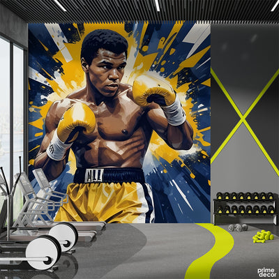 Muhammad Ali With Yellow & Blue Geometric Splashes | Gym Wallpaper Mural - Prime Décor