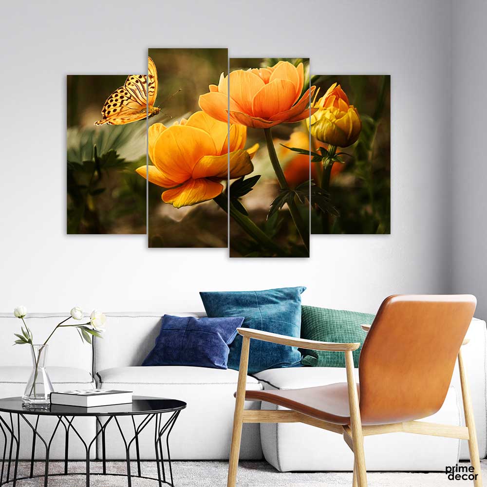 Butterfly and Yellow Lucky Flowers (4 Panel) Floral Wall Art - Prime Décor