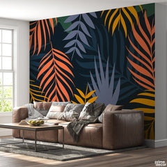Slate Blue & Carmine Tropical Leaves | Floral Wallpaper Mural - Prime Décor