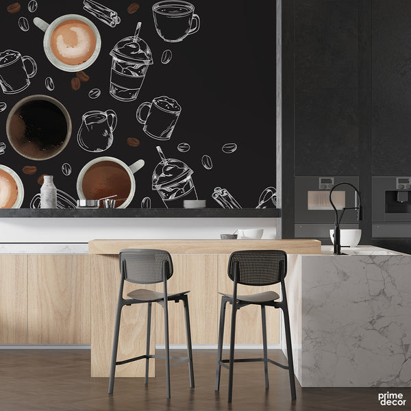 Coffee Cup With Black & White Artwork | Cafe Wallpaper Mural