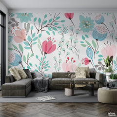 Minimal Pastel Color Flowers On White Background | Floral Wallpaper Mural - Prime Décor