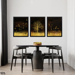 Gold & Black Ethereal Willow and Birds (3 Panel) Nordic Wall Art