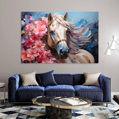 Abstract Artwork Of A White Horse With Pink Flowers (Single Panel) Abstract Wall Art
