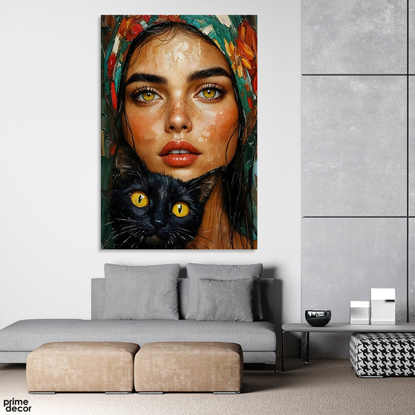 Beautiful Women Face Artwork With Black Cat | Fashion Poster Wall Art