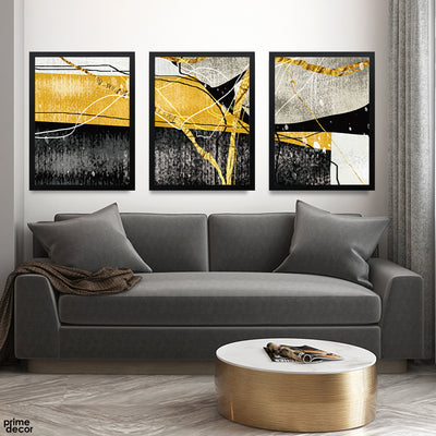 Abstract Black Grey & Gold Design Over White Background (3 Panel) Abstract Wall Art