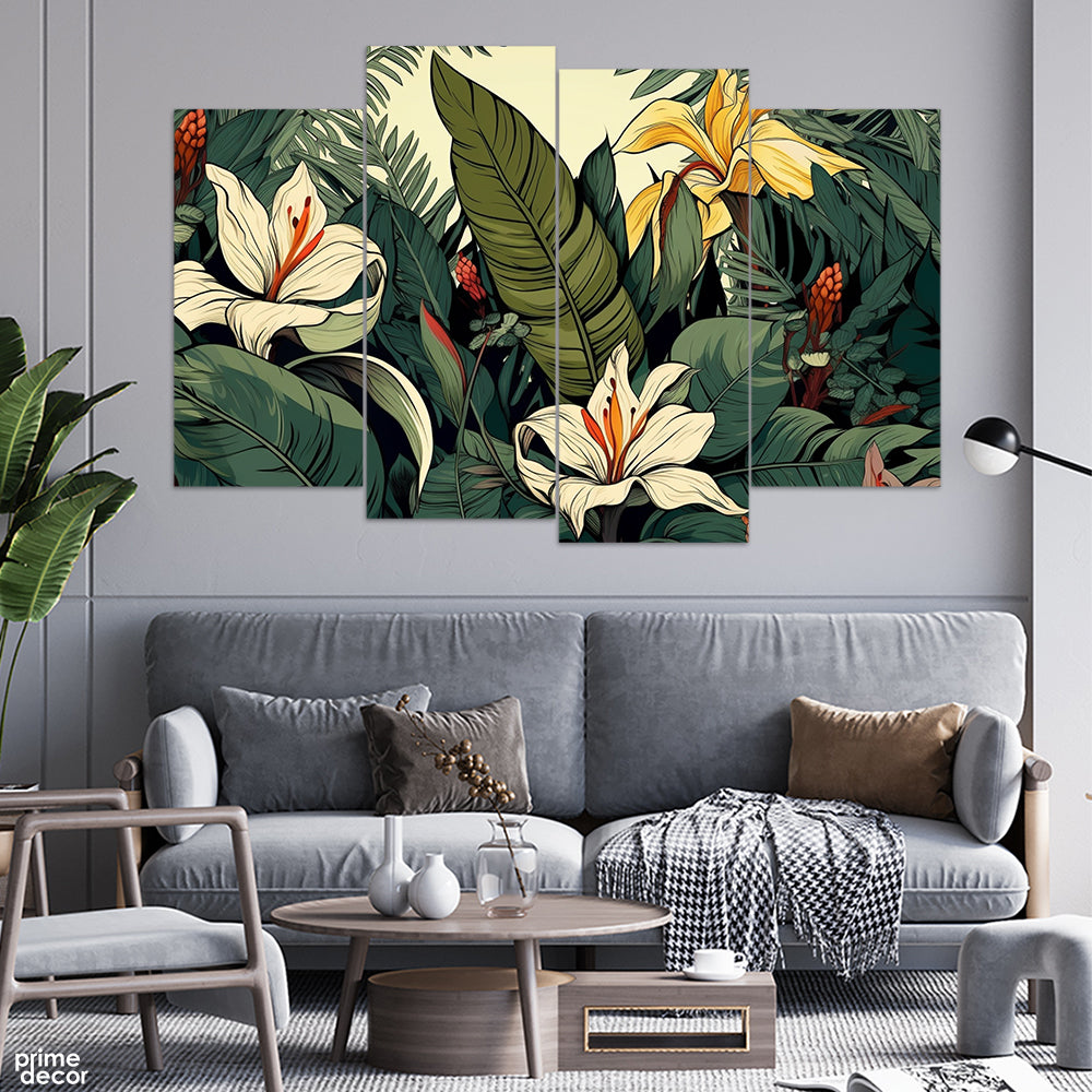 Beautiful White Flowers Over Green Background (4 Panel) Floral Wall Art - Prime Décor