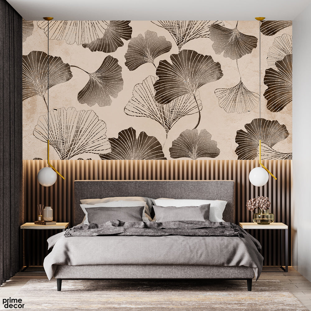 Beautiful Black & White Floral Artwork Over Beige Background | Floral Wallpaper Mural