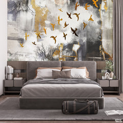 bstract Golden Flying Birds With Grey Watercolor Background | Modern Art Wallpaper Mural