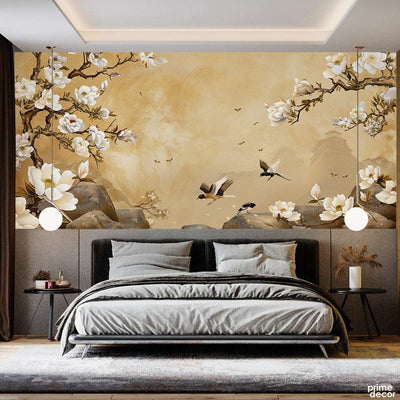 Beautiful White Flowers With Birds Over Beige Background | Floral Wallpaper Mural