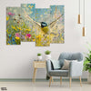 Beautiful Flying Bird With Colorful Flowers (4 Panel) Floral Wall Art