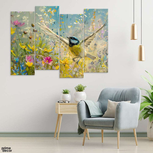 Beautiful Flying Bird With Colorful Flowers (4 Panel) Floral Wall Art