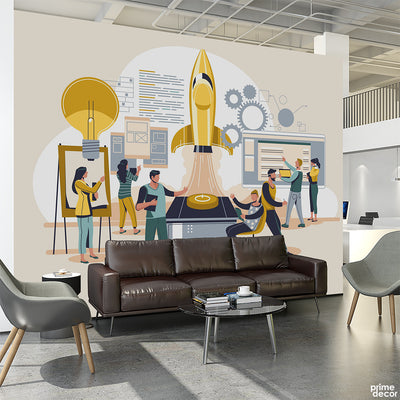 Team Working On Ideas With Rocket Illustration | Office Wallpaper Mural - Prime Décor