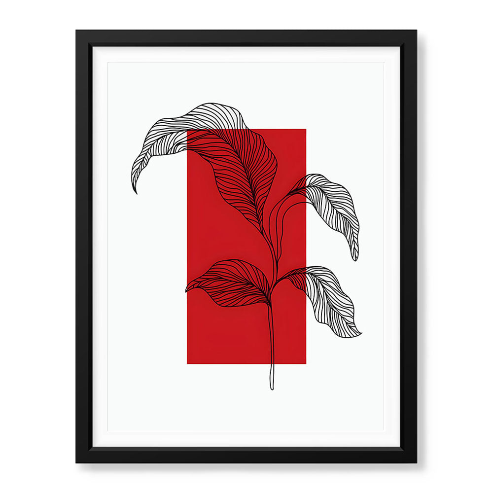 Black Leaves Abstract Design Over Red & White Background | Abstract Office Artwork #00130 - Prime Décor