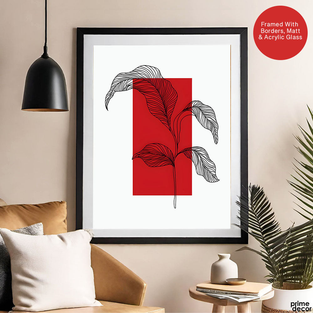 Black Leaves Abstract Design Over Red & White Background | Abstract Office Artwork #00130 - Prime Décor