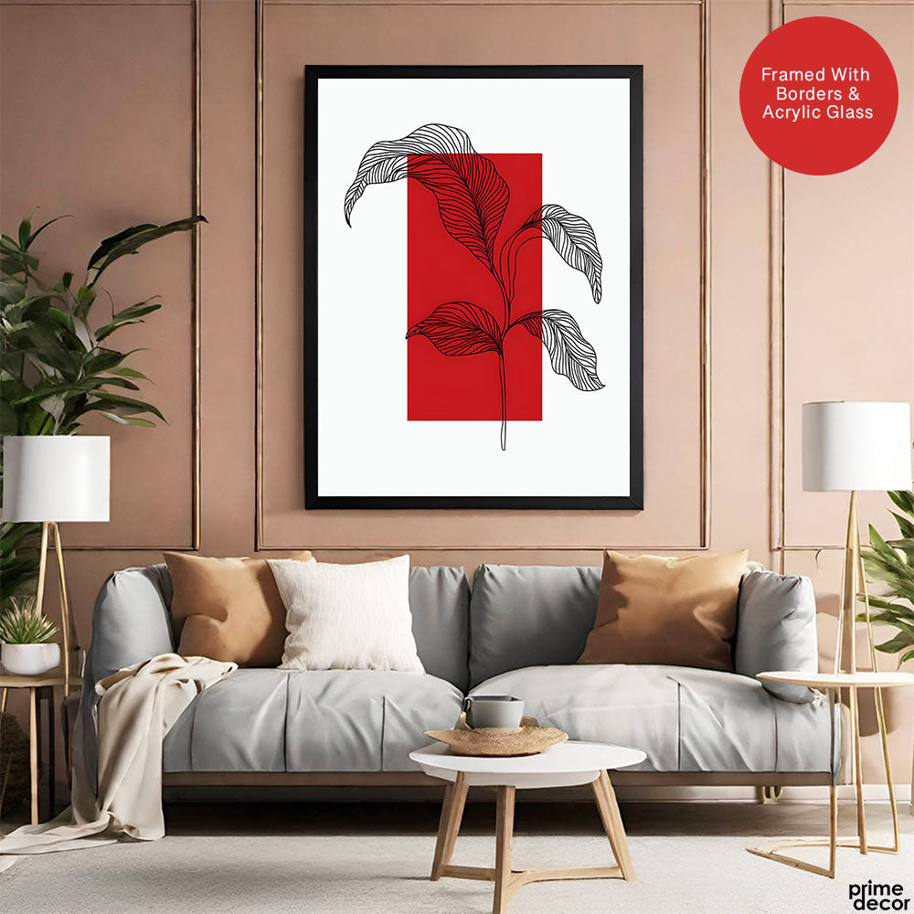 Black Leaves Abstract Design Over Red & White Background | Abstract Office Artwork #00130 - Prime Décor