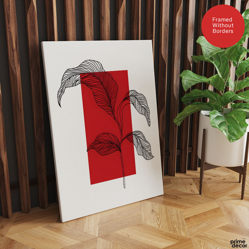 Black Leaves Abstract Design Over Red & White Background | Abstract Office Artwork #00130 - Prime Décor