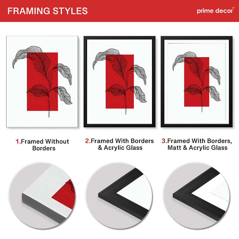 Black Leaves Abstract Design Over Red & White Background | Abstract Office Artwork #00130 - Prime Décor