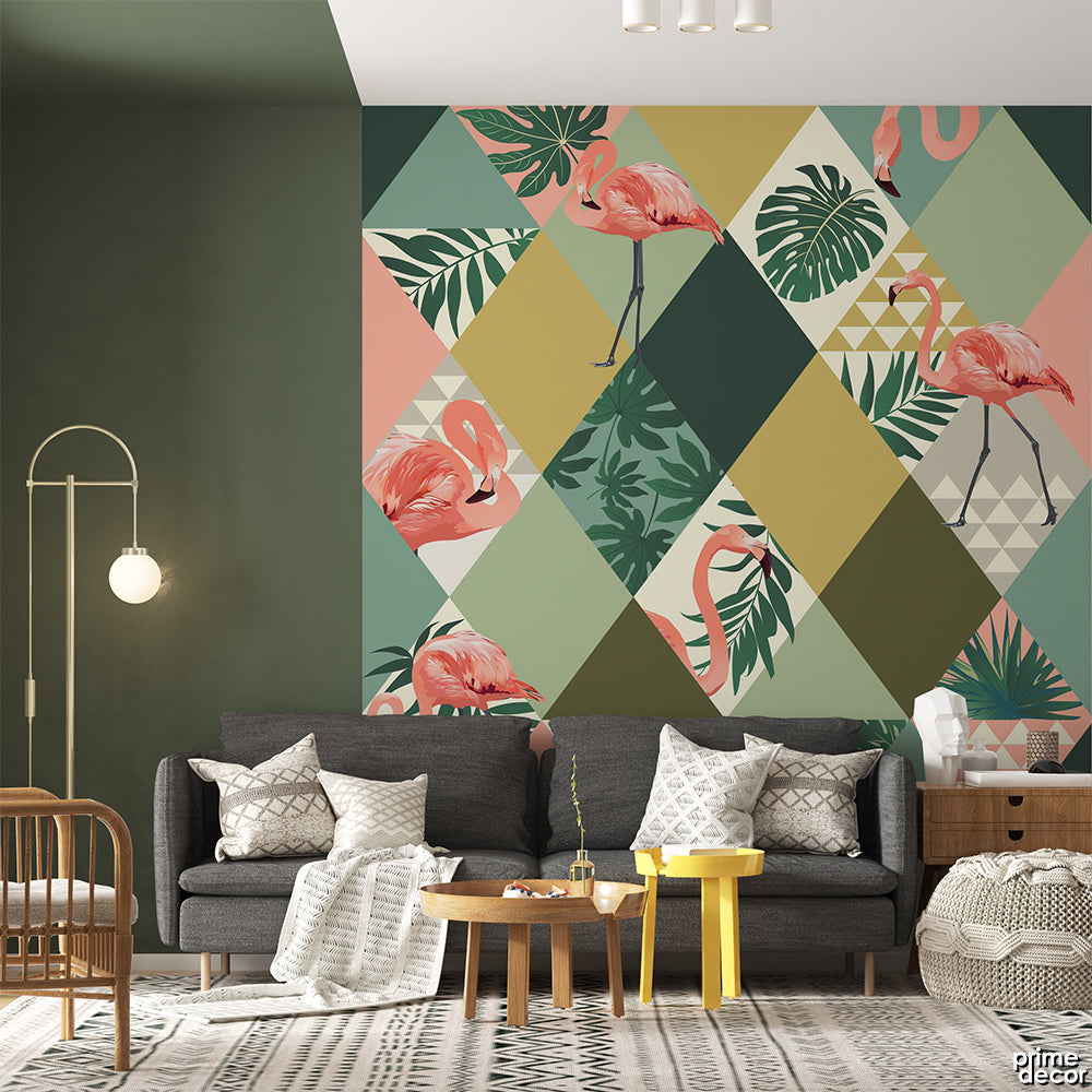 Green Tropical Triangles With Exotic Flamingos | Floral Wallpaper Mural - Prime Décor