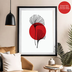 Black Leaves Abstract Design With Red Moon & White Background | Abstract Office Artwork #00131 - Prime Décor