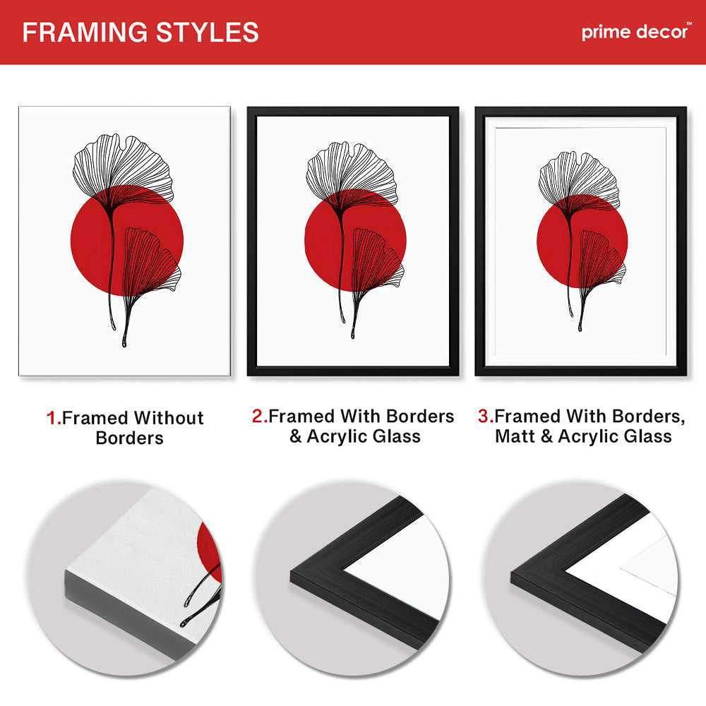 Black Leaves Abstract Design With Red Moon & White Background | Abstract Office Artwork #00131 - Prime Décor