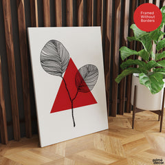 Black Leaves Abstract Design With Red Triangle & White Background | Abstract Office Artwork #00132 - Prime Décor