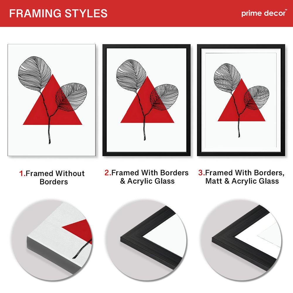 Black Leaves Abstract Design With Red Triangle & White Background | Abstract Office Artwork #00132 - Prime Décor