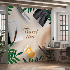 Travel Time With Travelling Gear Beige Background | Travel Wallpaper Mural - Prime Décor